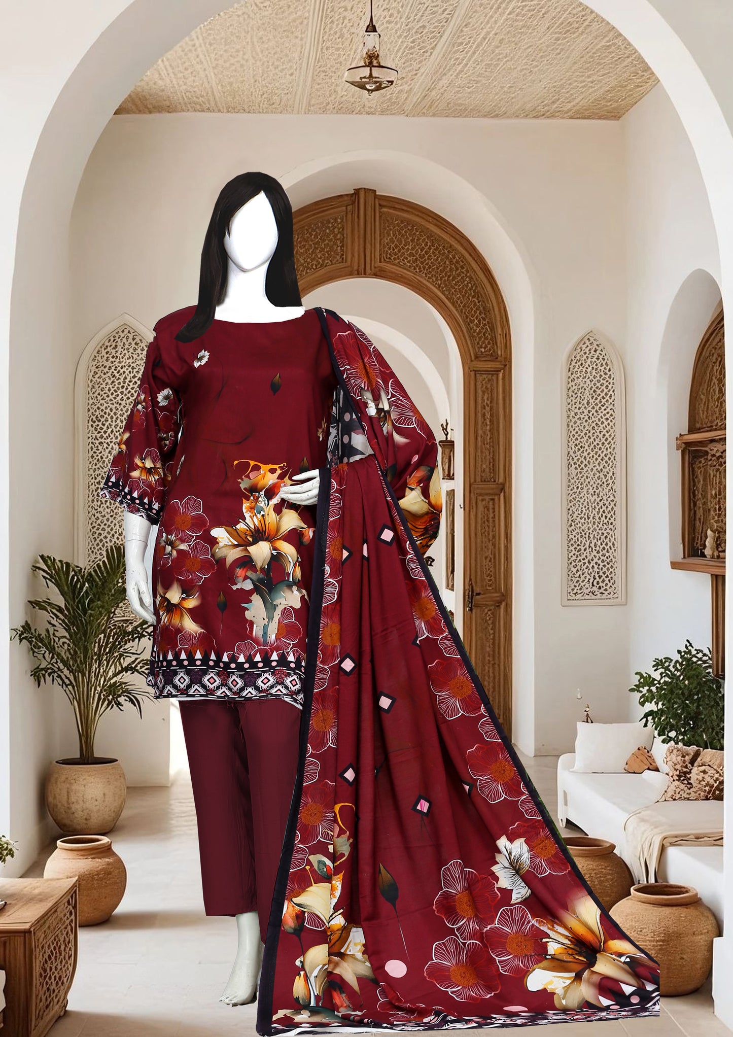 Printed linen Unstitched 3 Piece - 12110204